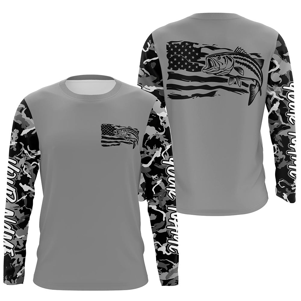 Gray Camo US Flag Striped Bass Custom Patrotic Long Sleeve Fishing Shirt, Striper Fishing Jersey IPHW7964