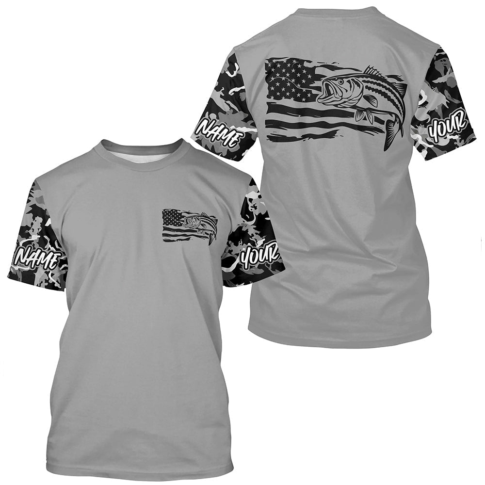 Gray Camo US Flag Striped Bass Custom Patrotic Fishing T-Shirts,, Striper Fishing Jersey IPHW7964