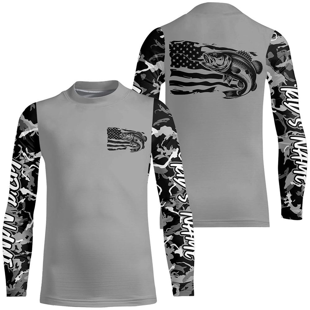 Gray Camo US Flag Largemouth Bass Custom Patrotic Kid Long Sleeve Fishing Shirt, Bass Fishing Jersey IPHW7965