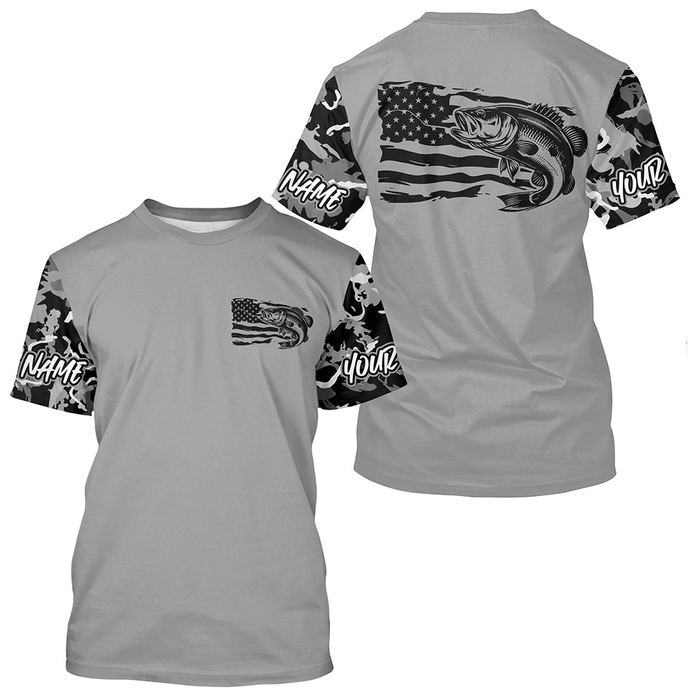 Gray Camo US Flag Largemouth Bass Custom Patrotic Fishing T-Shirts, Bass Fishing Jersey IPHW7965