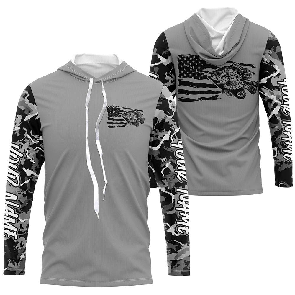 Gray Camo US Flag Crappie Custom Patrotic Long Sleeve Hooded Fishing Shirt, Crappie Fishing Jersey IPHW7966