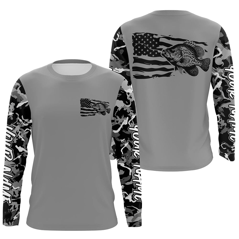 Gray Camo US Flag Crappie Custom Patrotic Long Sleeve Fishing Shirt, Crappie Fishing Jersey IPHW7966