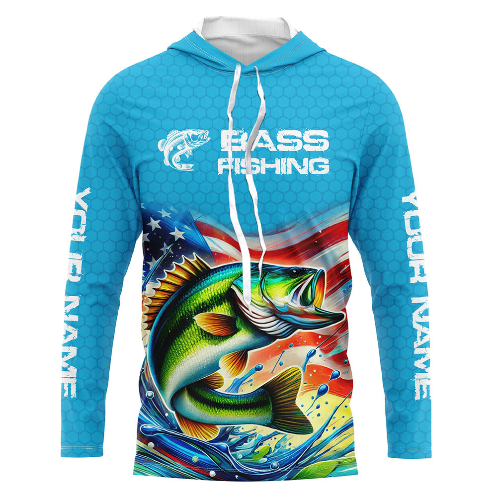 Custom US Flag Largemouth Bass Long Sleeve Hooded Tournament Fishing Shirts, Patriotic Bass Jerseys IPHW8159