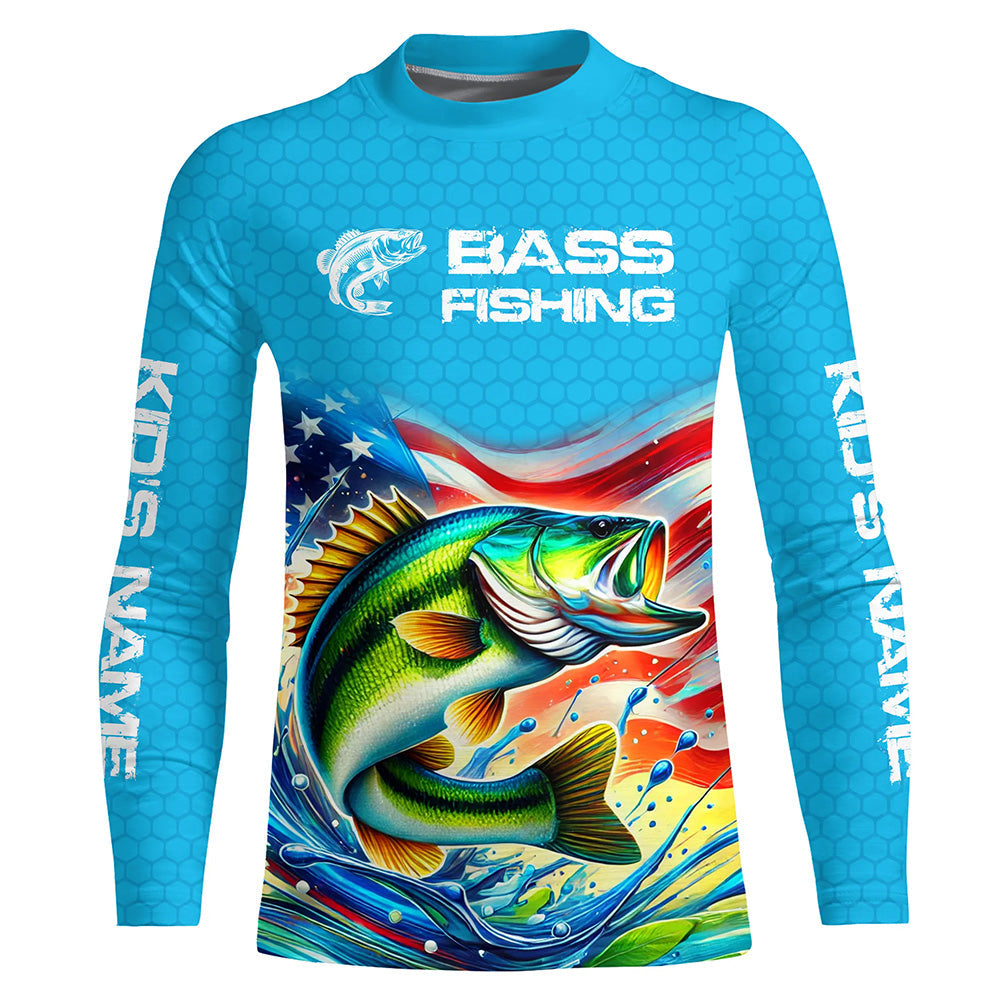 Custom US Flag Largemouth Bass Kid Long Sleeve Tournament Fishing Shirts, Patriotic Bass Fishing Jerseys IPHW8159