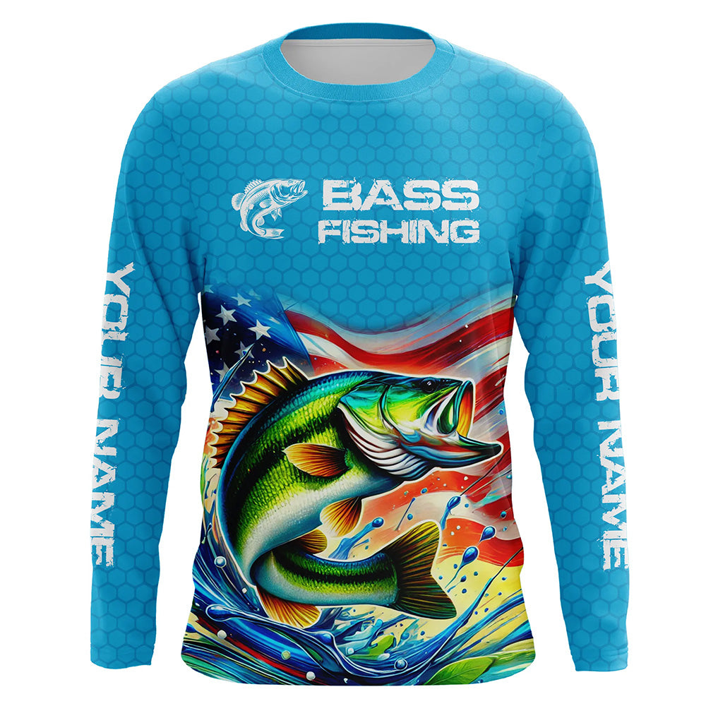 Custom US Flag Largemouth Bass Long Sleeve Tournament Fishing Shirts, Patriotic Bass Fishing Jerseys IPHW8159