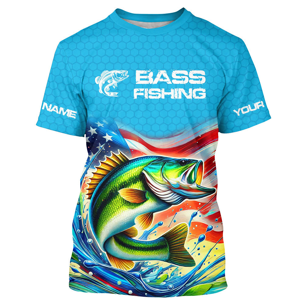 Custom US Flag Largemouth Bass Tournament Fishing T-Shirts, Patriotic Bass Fishing Jerseys IPHW8159