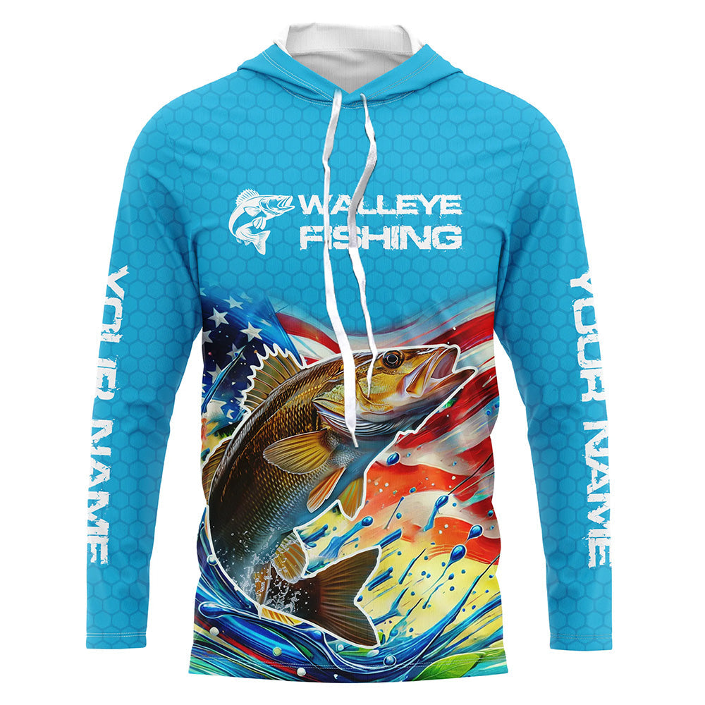 Custom US Flag Walleye Long Sleeve Hooded Fishing Shirts, Patriotic Walleye Fishing Jerseys IPHW8160