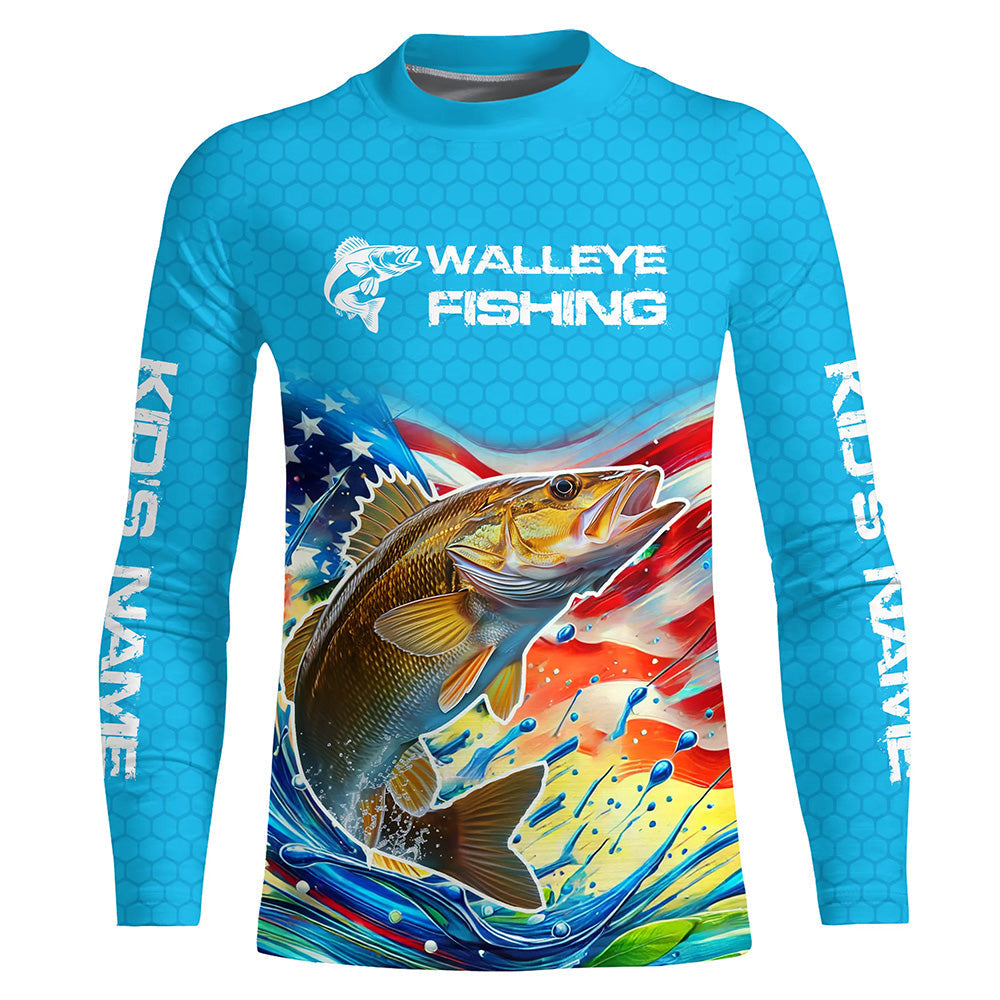 Custom US Flag Walleye Kid Long Sleeve Tournament Fishing Shirts, Patriotic Walleye Fishing Jerseys IPHW8160