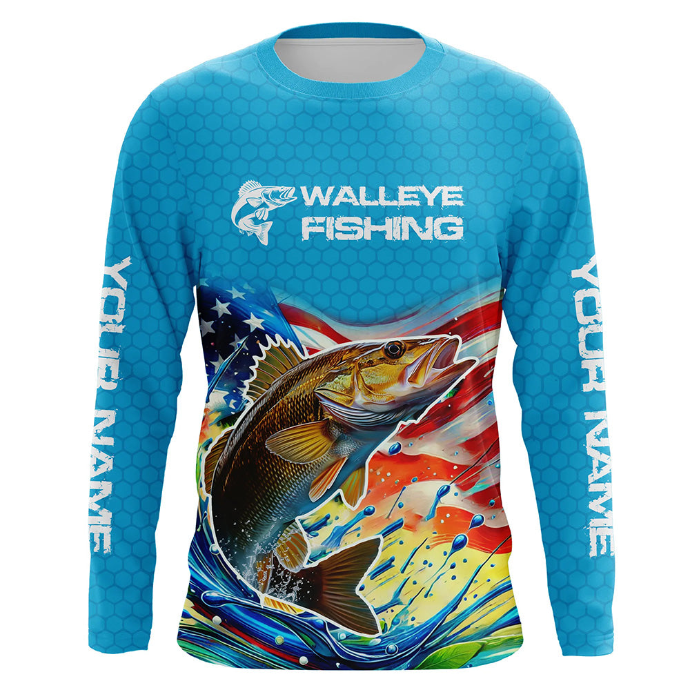 Custom US Flag Walleye Long Sleeve Tournament Fishing Shirts, Patriotic Walleye Fishing Jerseys IPHW8160