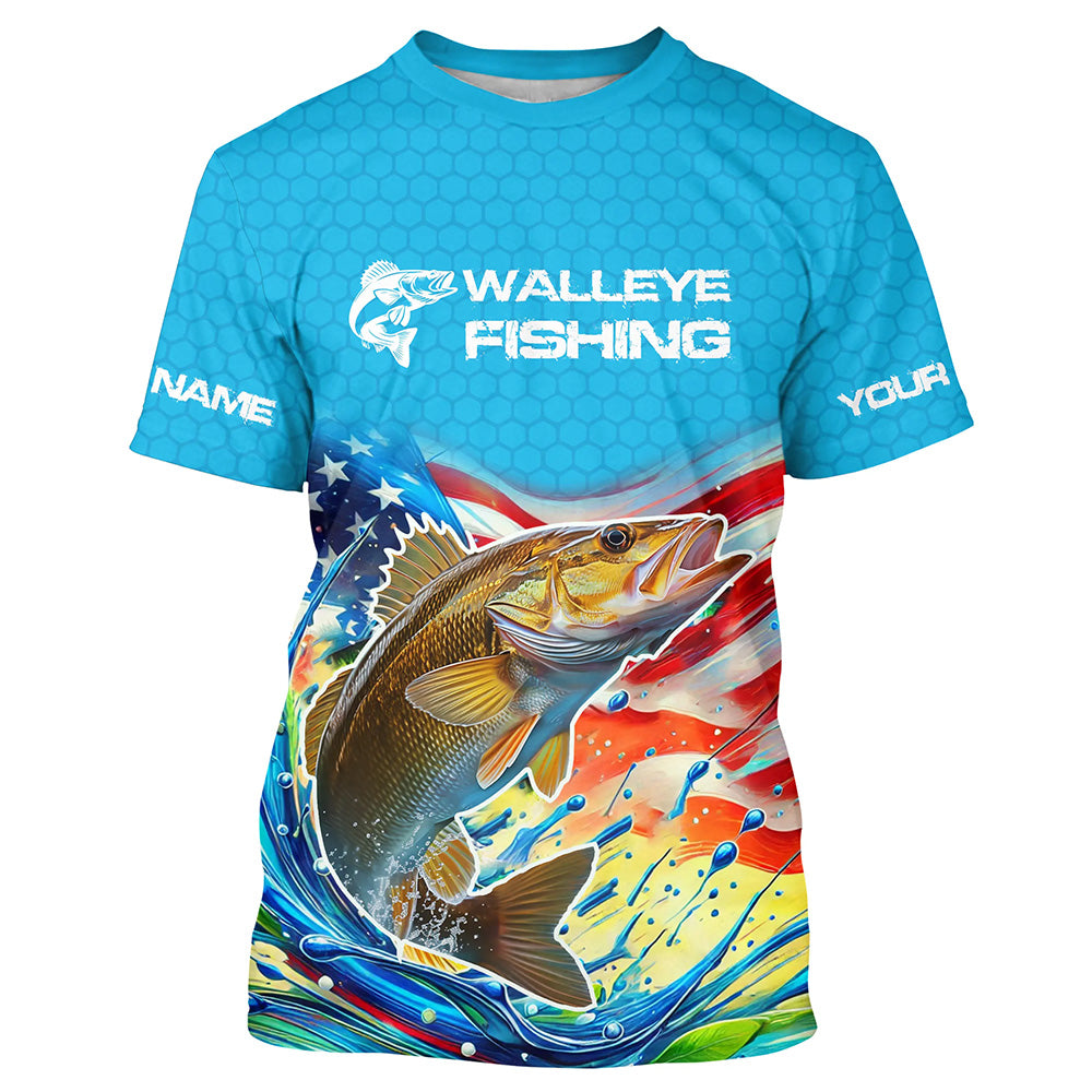 Custom US Flag Walleye Tournament Fishing T-Shirts, Patriotic Walleye Fishing Jerseys IPHW8160