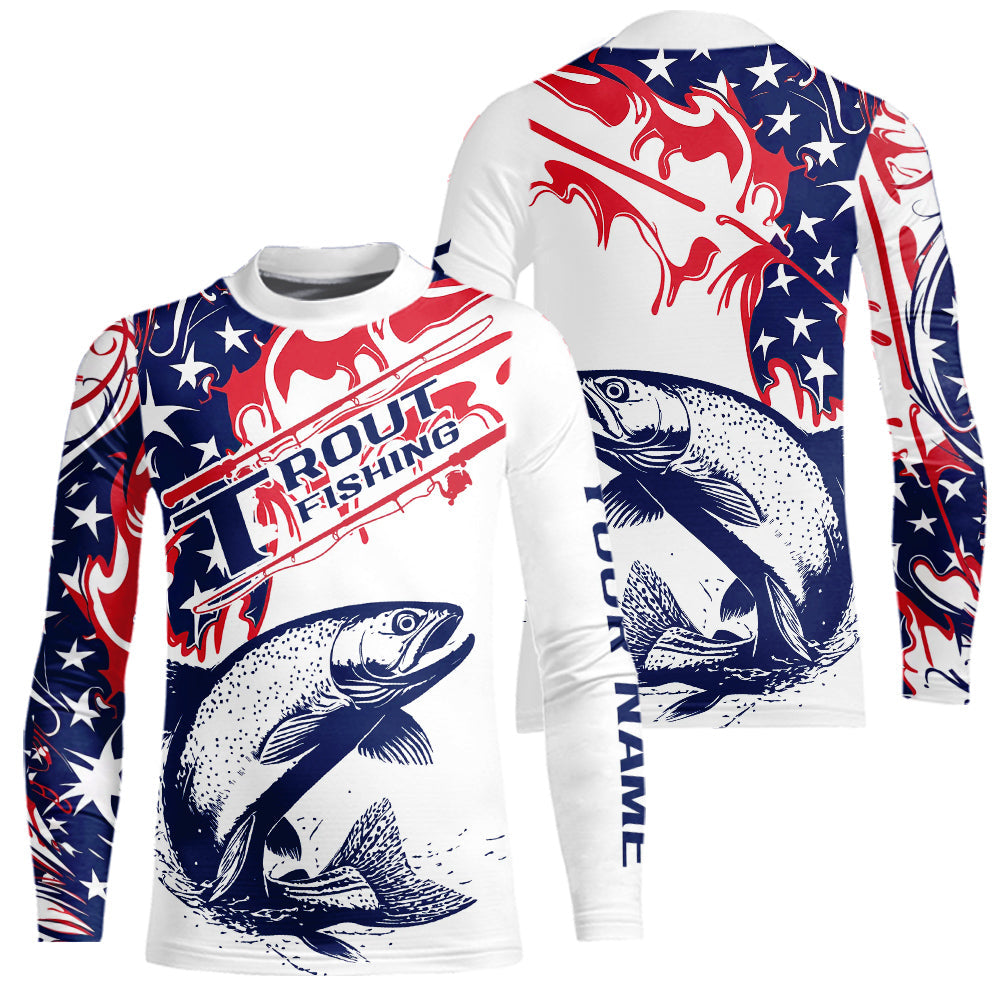 Custom American Flag Trout Kid Long Sleeve Fishing Shirts, Patriotic Trout Fishing Jerseys IPHW9134
