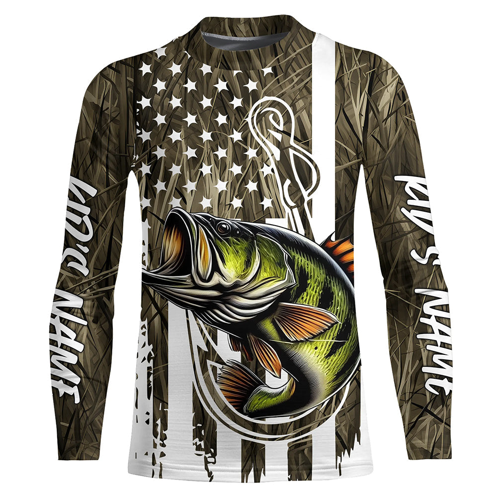 Lake Grass Camo US Flag Custom Largemouth Bass Patriotic Kid Long Sleeve Fishing Shirts With Name IPHW8165