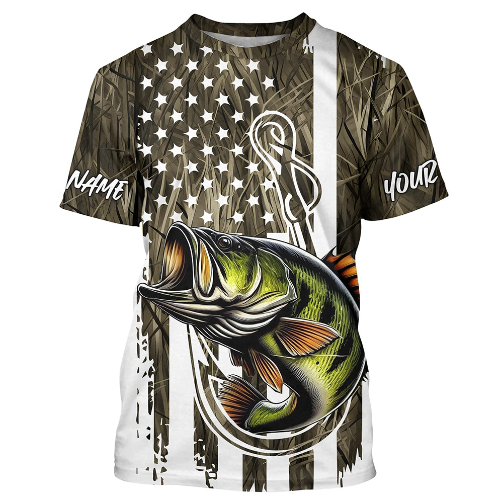 Lake Grass Camo US Flag Custom Largemouth Bass Patriotic Fishing T-Shirts With Name IPHW8165