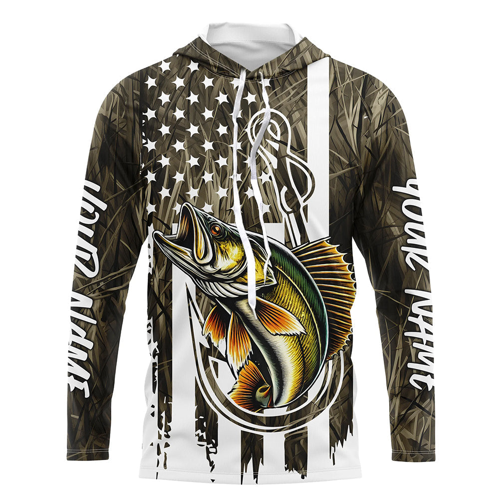 Lake Grass Camo US Flag Custom Walleye Patriotic Long Sleeve Hooded Fishing Shirts With Name IPHW8166