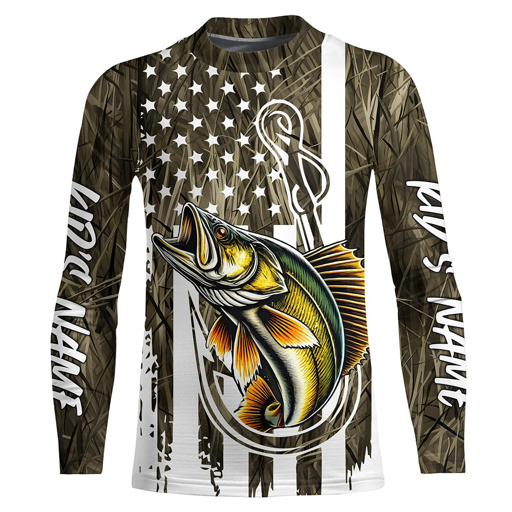 Lake Grass Camo US Flag Custom Walleye Patriotic Kid Long Sleeve Fishing Shirts With Name IPHW8166