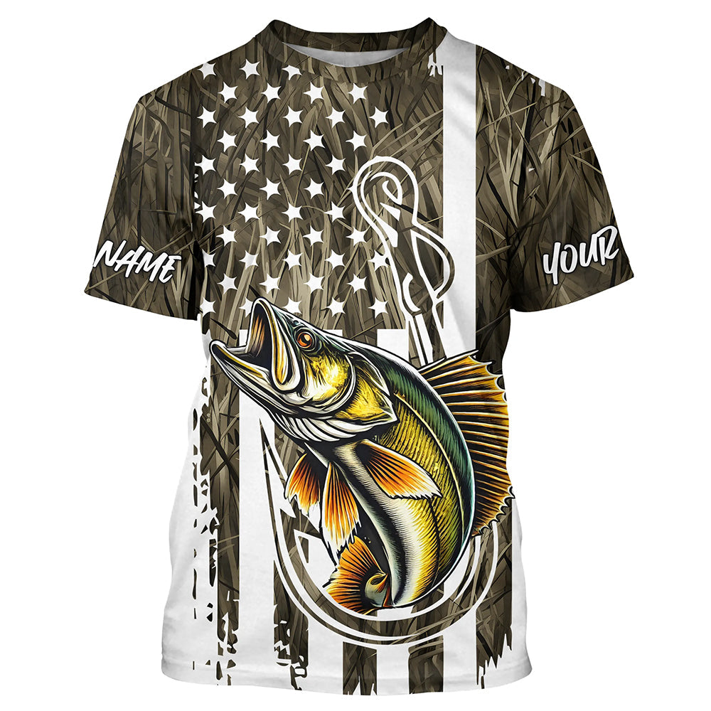 Lake Grass Camo US Flag Custom Walleye Patriotic Fishing T-Shirts With Name IPHW8166