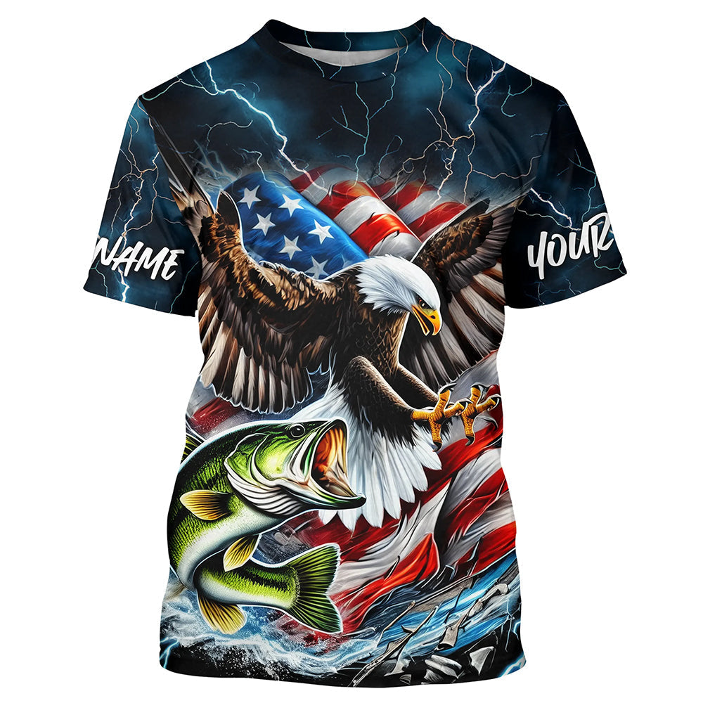 Blue Thunder Lightning US Flag Eagle Custom Patriotic Largemouth Bass Fishing T-Shirts IPHW8170