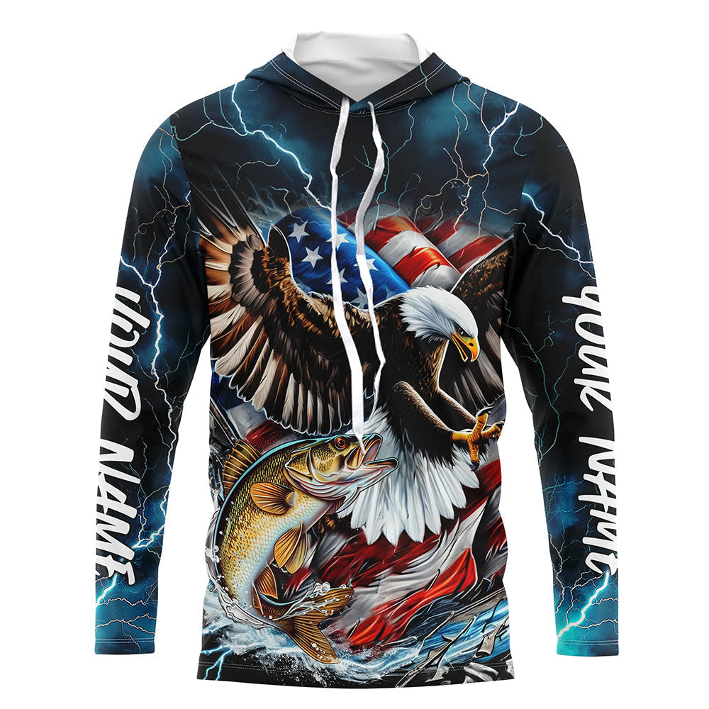 Blue Thunder Lightning US Flag Eagle Custom Patriotic Walleye Long Seeve Fishing Shirts IPHW8171