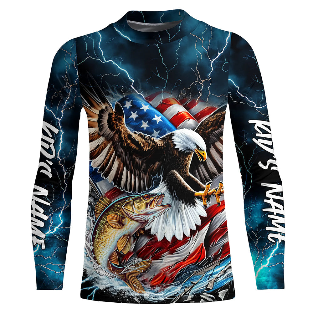 Blue Thunder Lightning US Flag Eagle Custom Patriotic Walleye Long Seeve Fishing Shirts IPHW8171