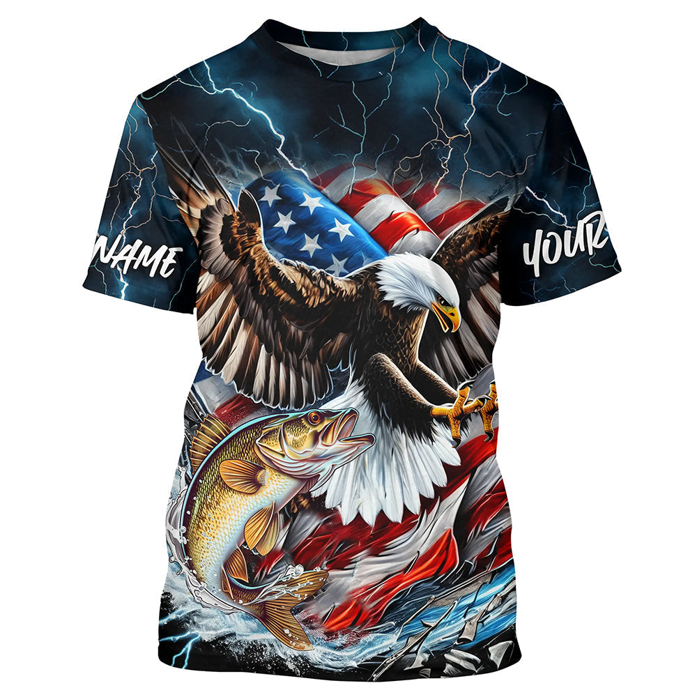 Blue Thunder Lightning US Flag Eagle Custom Patriotic Walleye Fishing T-Shirts IPHW8171