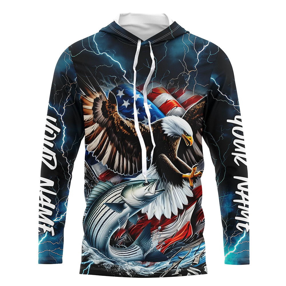 Blue Thunder Lightning US Flag Eagle Custom Patriotic Striped Bass Long Seeve Fishing Shirts IPHW8172