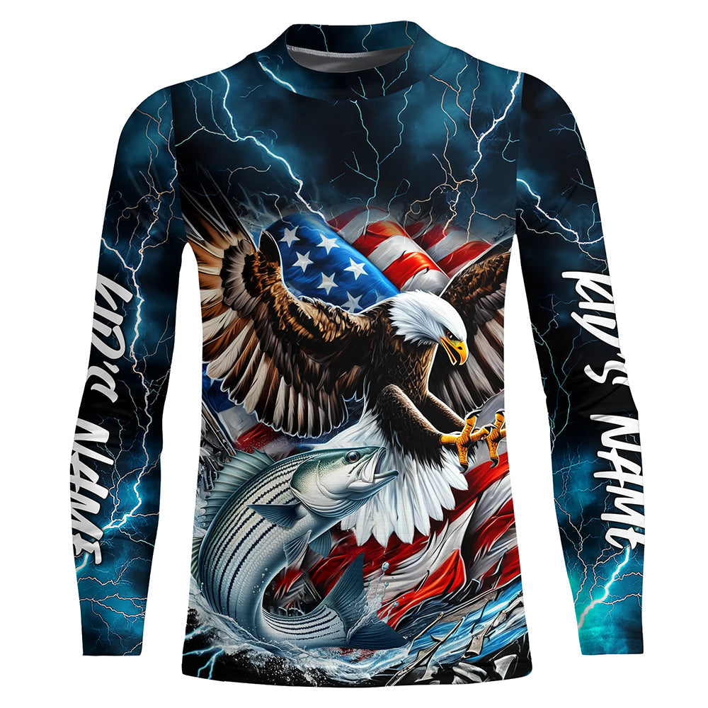 Blue Thunder Lightning US Flag Eagle Custom Patriotic Striped Bass Long Seeve Fishing Shirts IPHW8172