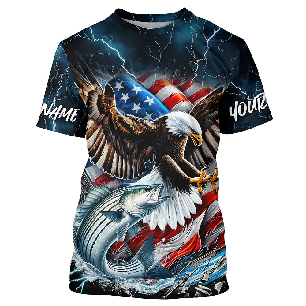 Blue Thunder Lightning US Flag Eagle Custom Patriotic Striped Bass Fishing T-Shirts IPHW8172