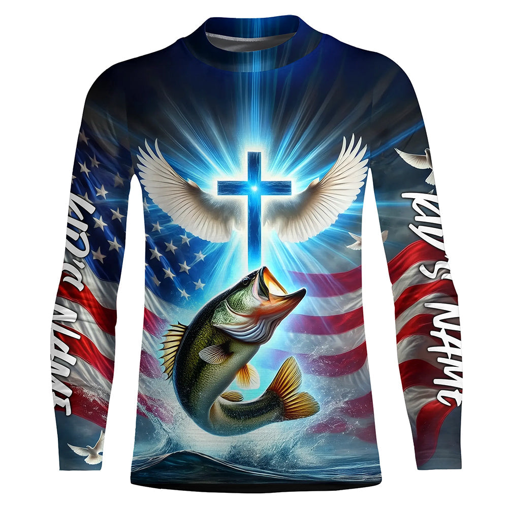 Custom Faith Largemouth Bass Patriotic Kid Long Sleeve Tournament Fishing Shirt, US Fishing Jerseys IPHW8173