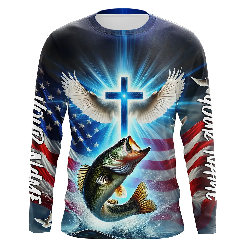 Custom Faith Largemouth Bass Patriotic Long Sleeve Tournament Fishing Shirt, US Fishing Jerseys IPHW8173