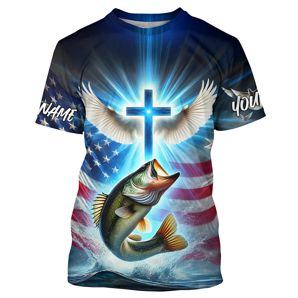 Custom Faith Largemouth Bass Patriotic Fishing T-Shirts, US Fishing Jerseys IPHW8173