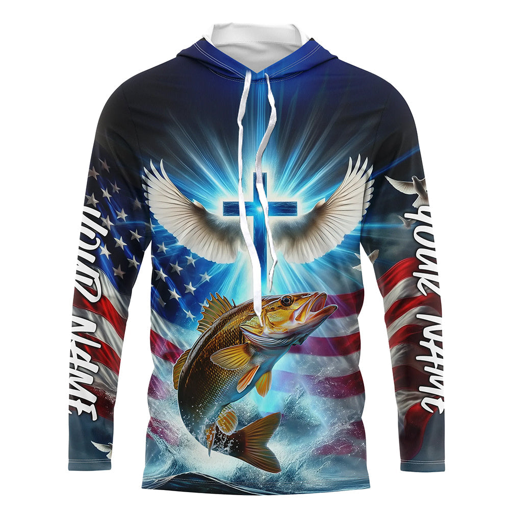 Custom Faith Walleye Patriotic Long Sleeve Hooded Tournament Fishing Shirt, US Fishing Jerseys IPHW8174