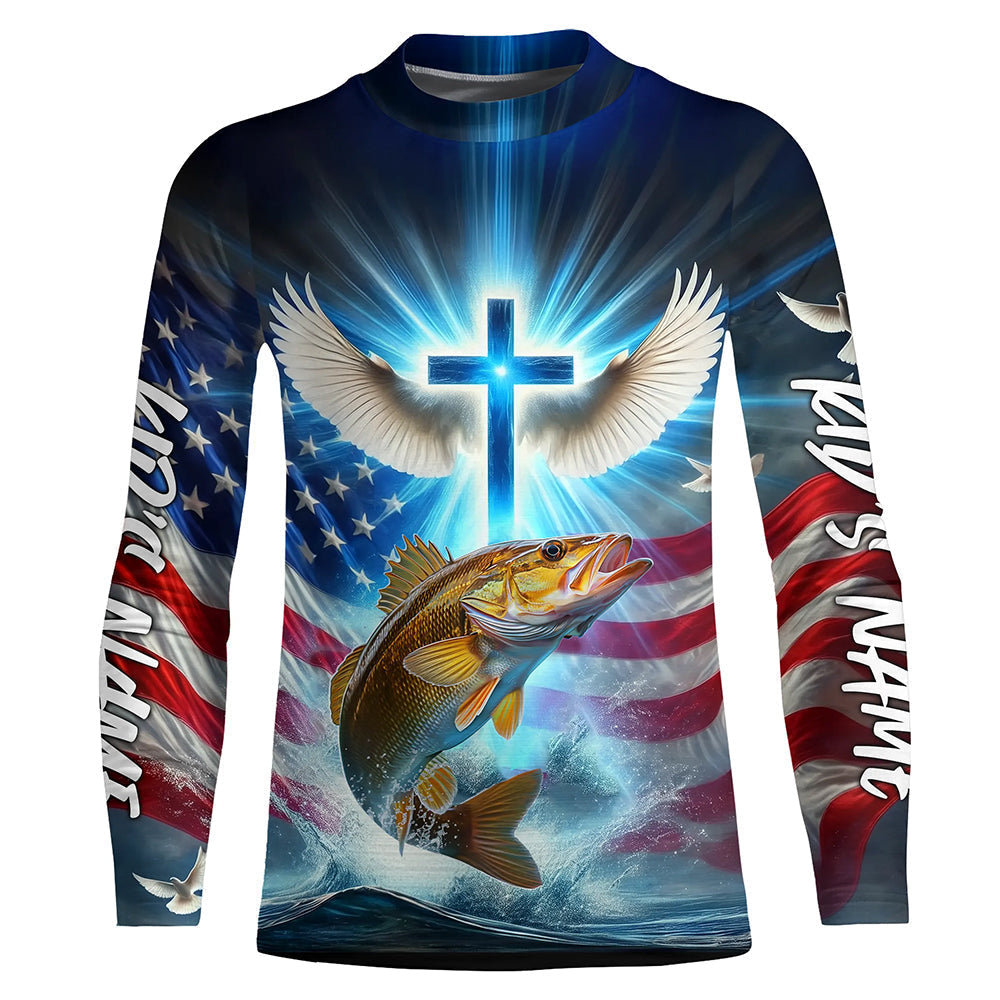 Custom Faith Walleye Patriotic Kid Long Sleeve Tournament Fishing Shirt, US Fishing Jerseys IPHW8174