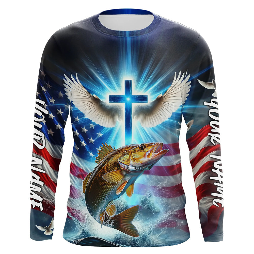 Custom Faith Walleye Patriotic Long Sleeve Tournament Fishing Shirt, US Fishing Jerseys IPHW8174