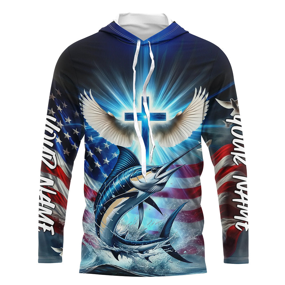 Custom Faith Marlin Patriotic Long Sleeve Hooded Tournament Fishing Shirt, US Fishing Jerseys IPHW8175