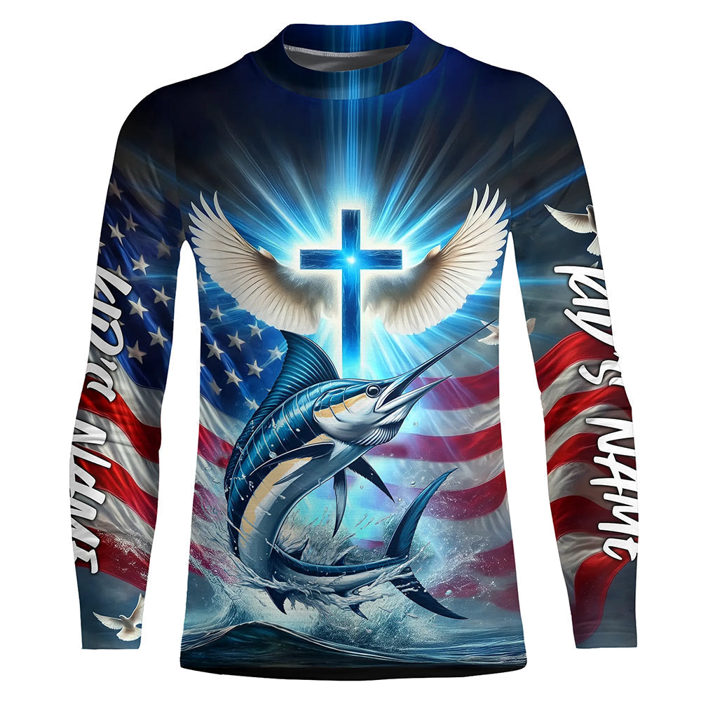 Custom Faith Marlin Patriotic Kid Long Sleeve Tournament Fishing Shirt, US Fishing Jerseys IPHW8175