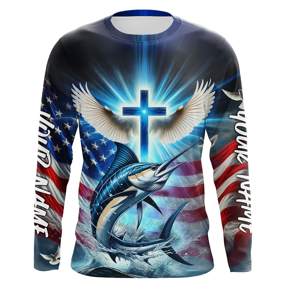 Custom Faith Marlin Patriotic Long Sleeve Tournament Fishing Shirt, US Fishing Jerseys IPHW8175