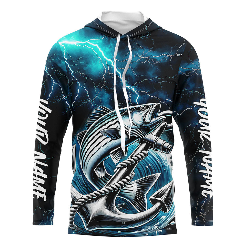 Blue Thunder Lightning Anchor Custom Nautical Striped Bass Long Sleeve Hooded Fishing Shirts For Men IPHW8179