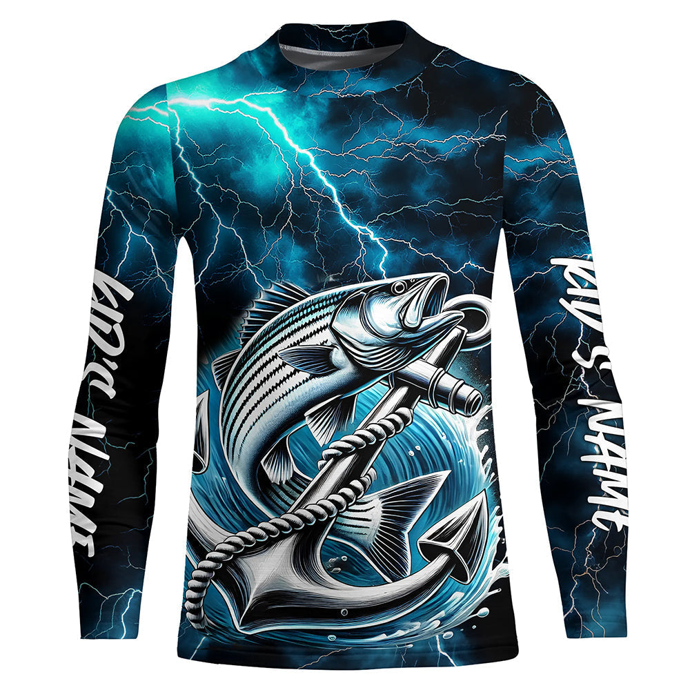 Blue Thunder Lightning Anchor Custom Nautical Striped Bass Kid Long Sleeve Fishing Shirts IPHW8179