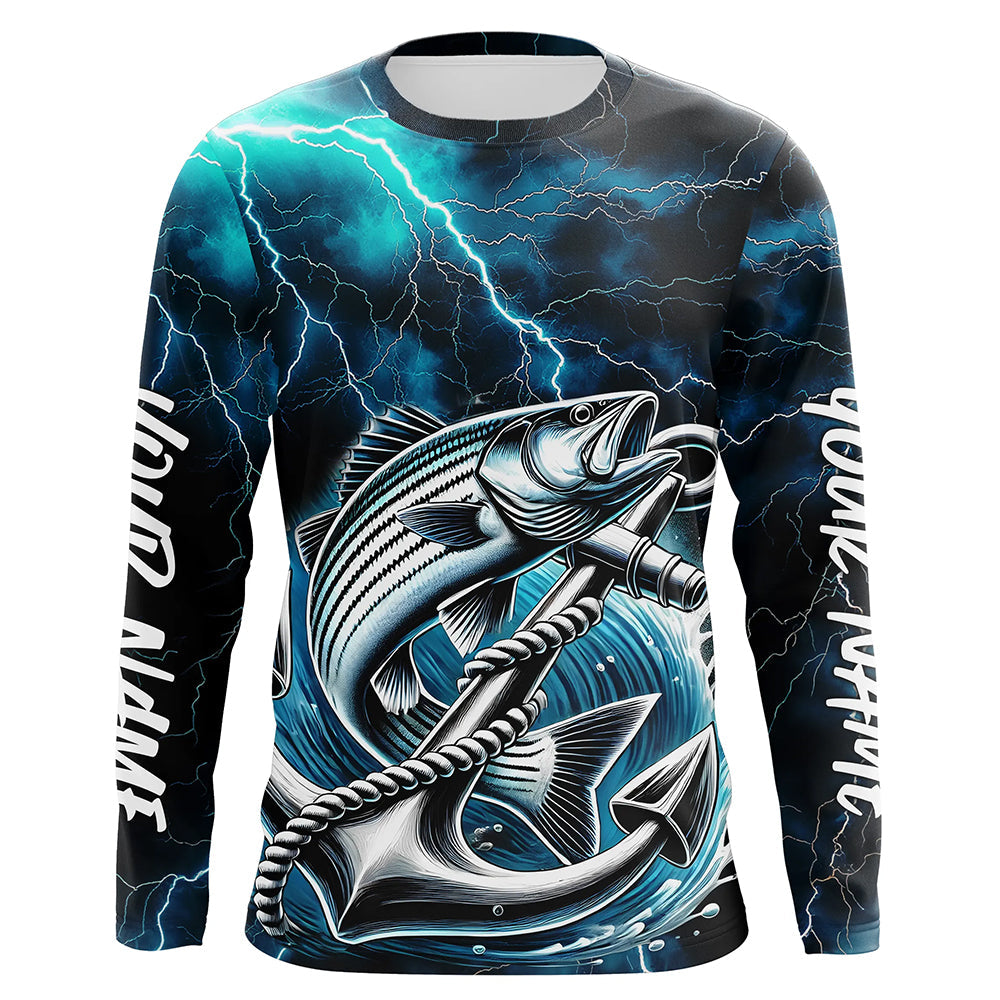 Blue Thunder Lightning Anchor Custom Nautical Striped Bass Long Sleeve Fishing Shirts For Men IPHW8179