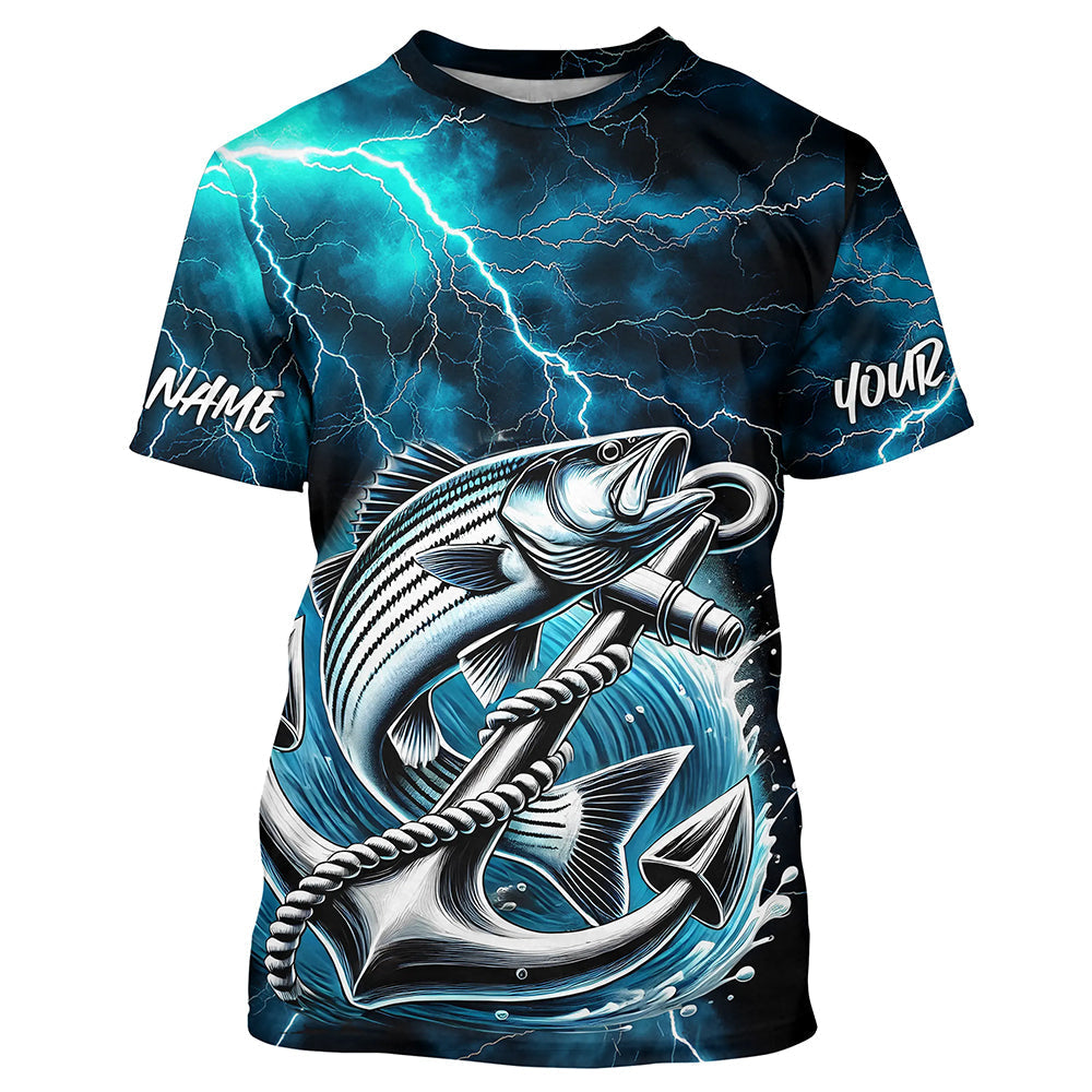 Blue Thunder Lightning Anchor Custom Nautical Striped Bass Fishing T-Shirts For Men IPHW8179