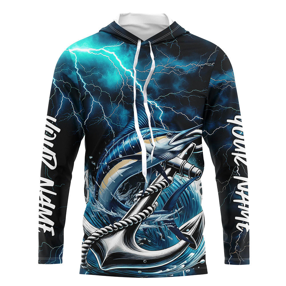 Blue Thunder Lightning Anchor Custom Nautical Marlin Saltwater Long Sleeve Hooded Fishing Shirts IPHW8180