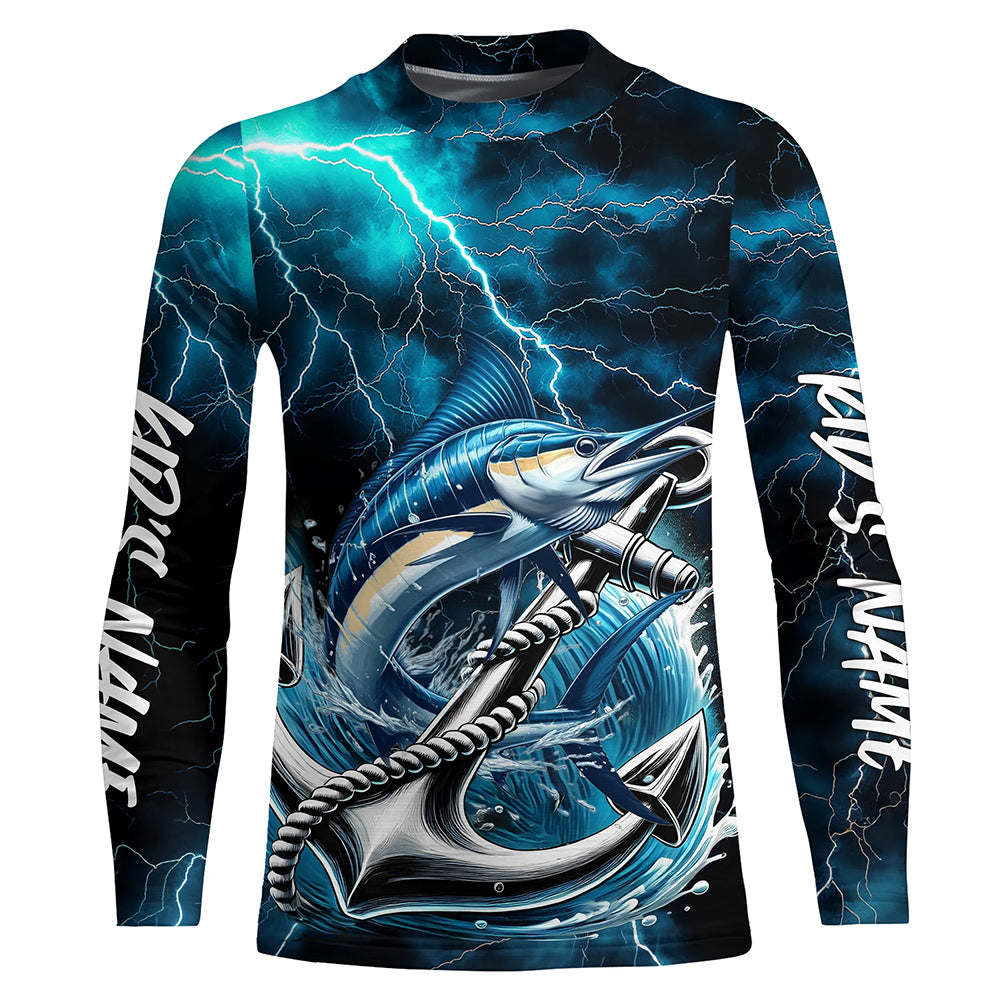 Blue Thunder Lightning Anchor Custom Nautical Marlin Saltwater Kid Long Sleeve Fishing Shirts IPHW8180