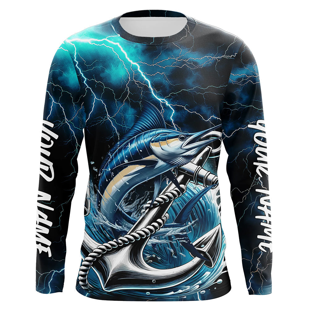 Blue Thunder Lightning Anchor Custom Nautical Marlin Saltwater Long Sleeve Fishing Shirts For Men IPHW8180