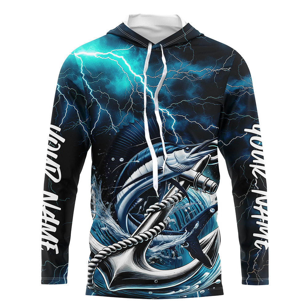 Blue Thunder Lightning Anchor Custom Nautical Sailfish Saltwater Long Sleeve Hooded Fishing Shirts IPHW8181