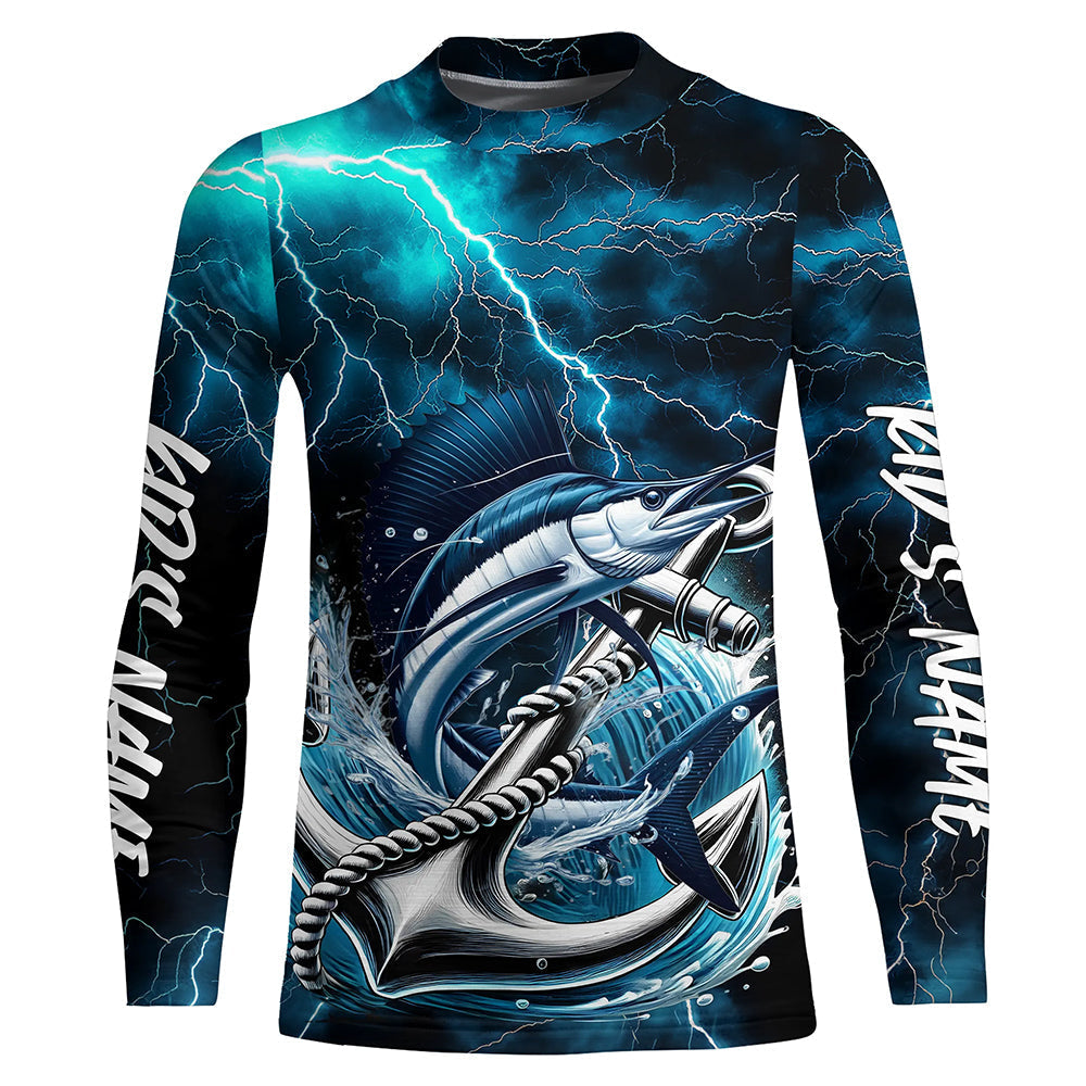 Blue Thunder Lightning Anchor Custom Nautical Sailfish Saltwater Kid Long Sleeve Fishing Shirts IPHW8181