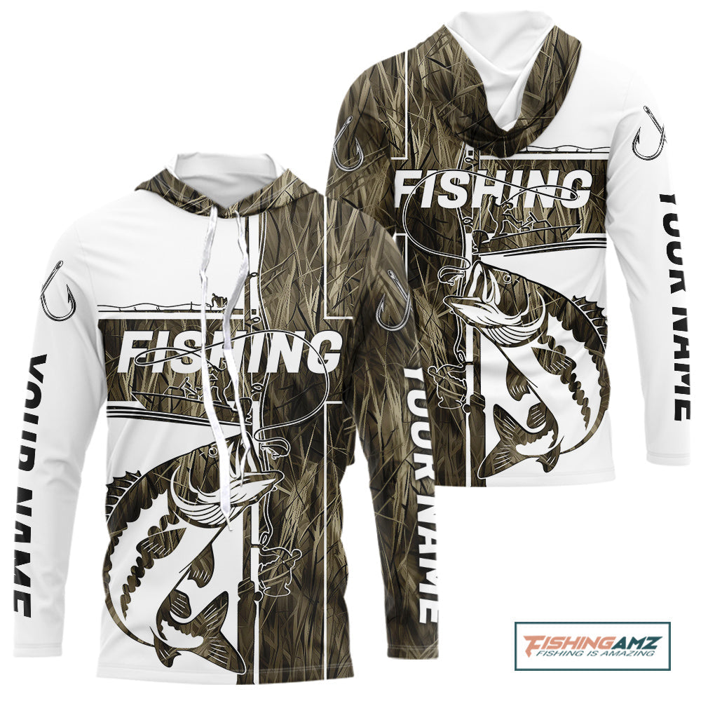 Custom Grass Camo Cross Faith Largemouth Bass Long Sleeve Hooded Tournament Fishing Shirts IPHW9148