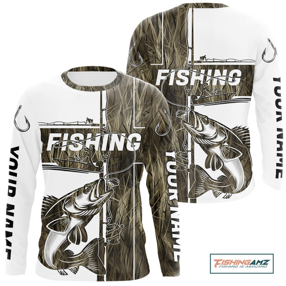 Custom Grass Camo Cross Faith Walleye Long Sleeve Tournament Fishing Shirts IPHW9150