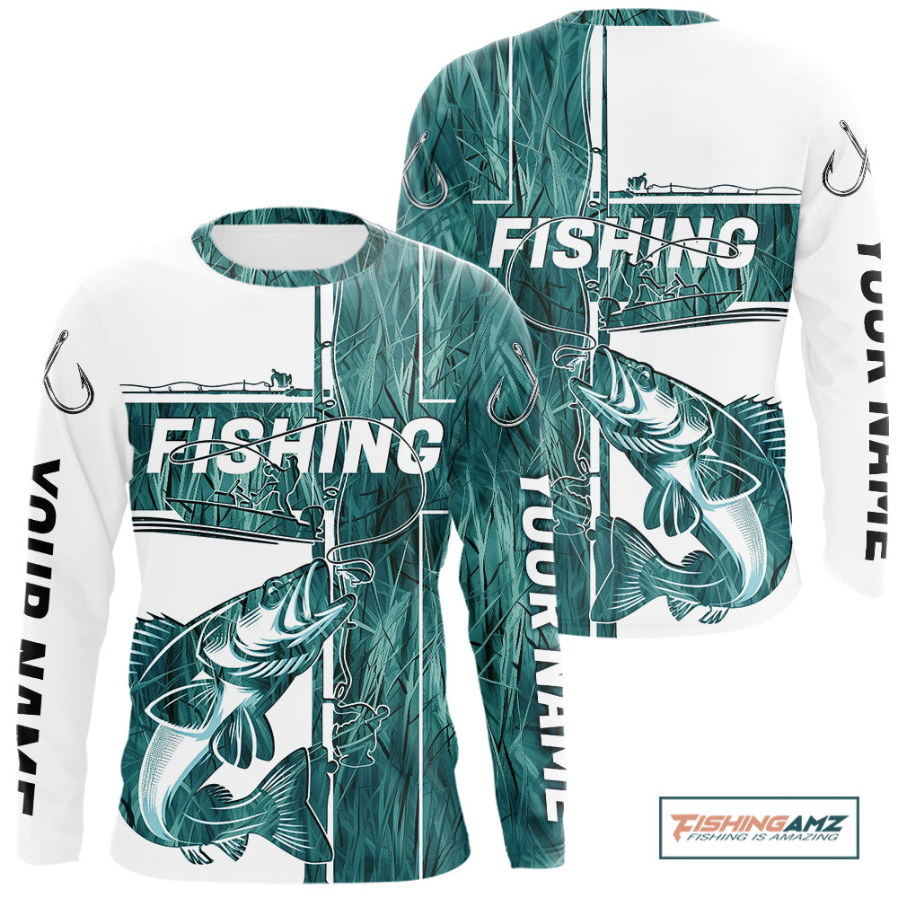 Custom Greenish Blue Grass Camo Cross Faith Walleye Long Sleeve Tournament Fishing Shirts IPHW9151