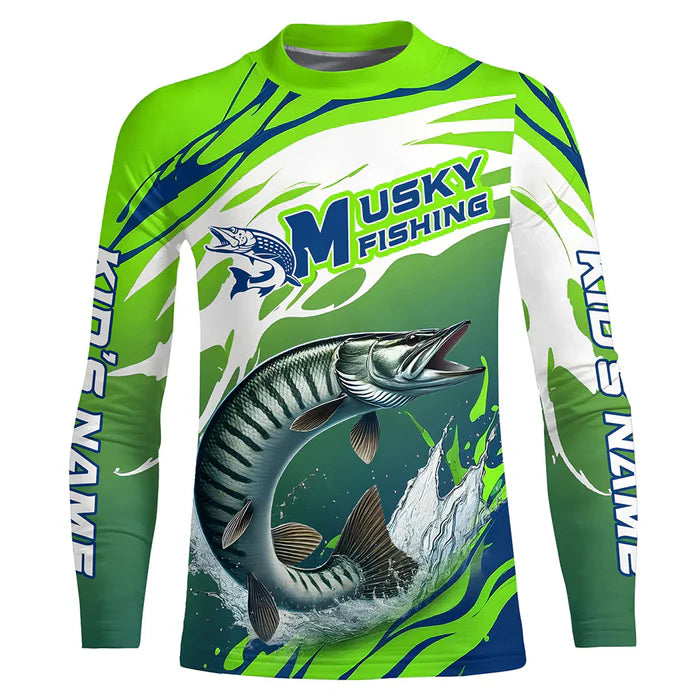 Musky Fishing Custom Kid Long Sleeve Fishing Shirts, Muskie Fishing Tournament Shirts Fishing Jerseys IPHW7181