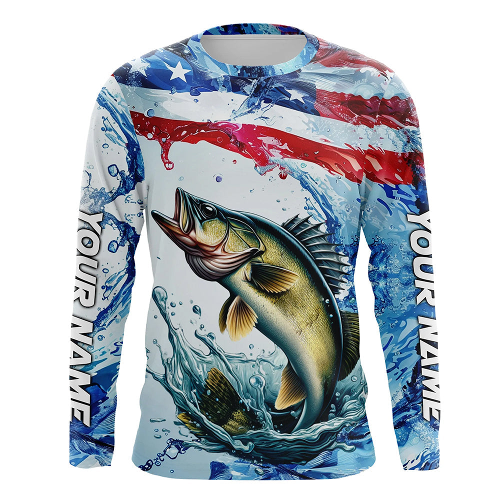 Personalized Patriotic Walleye Long Sleeve Fishing Shirts, American Flag Fishing Shirts IPHW7186